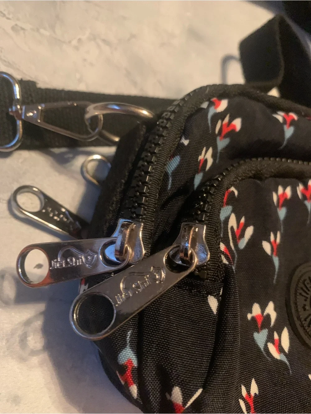 Jielshi Black Crossbody Bag with Red, White & Blue Floral Print
